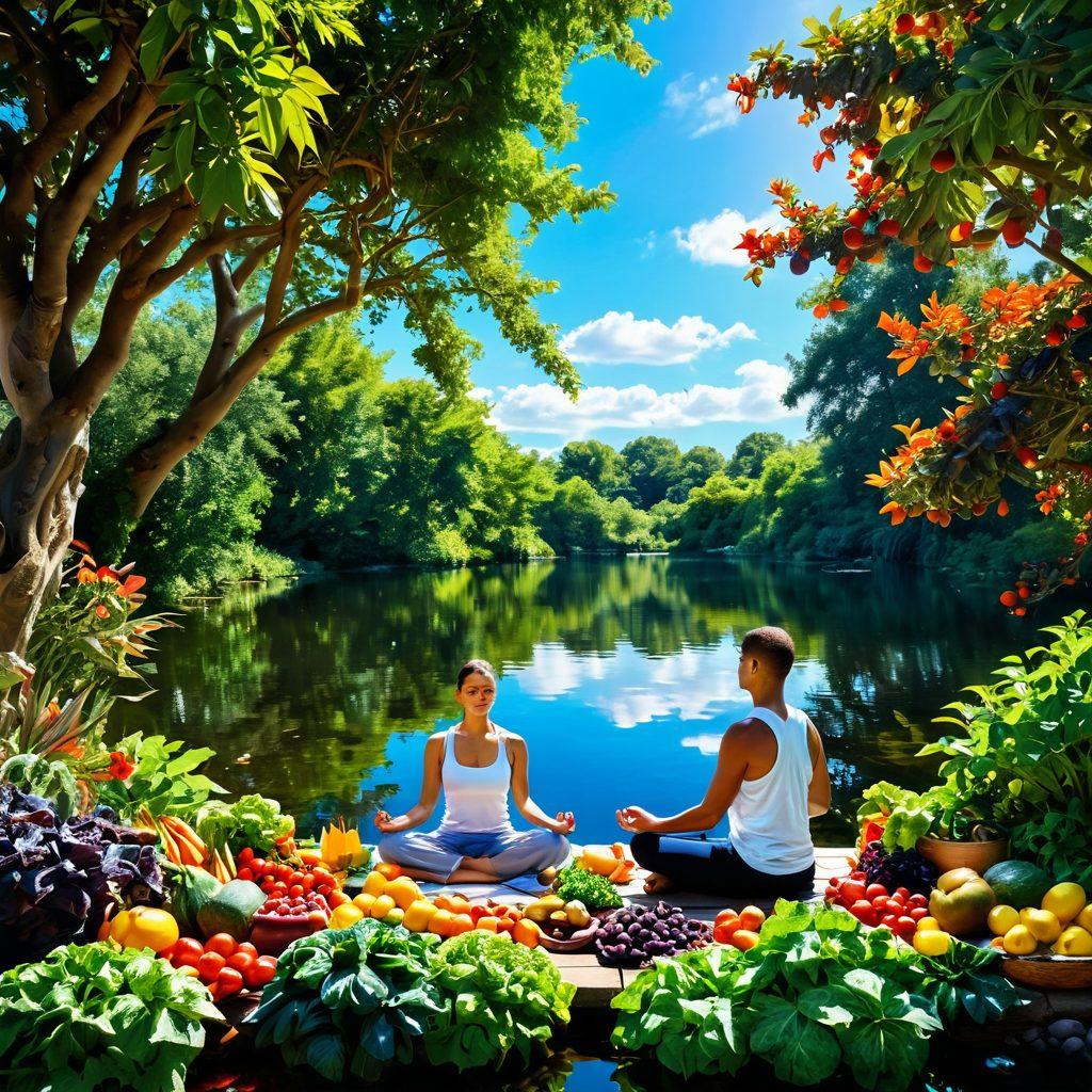 A tranquil scene depicting a peaceful person meditating in a lush garden, surrounded by vibrant fruits and vegetables symbolizing nutrition. In the background, there's a serene lake reflecting the sky, representing mental clarity. Soft sunlight filters through the leaves, creating a calming atmosphere. The image conveys harmony between body and mind. super-realistic. vibrant colors. tranquil aesthetic.