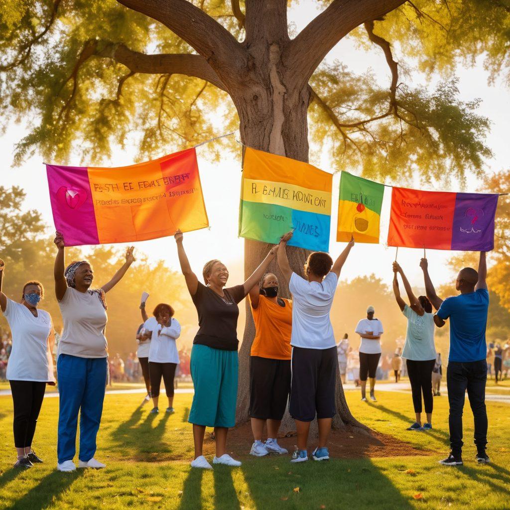A heartwarming scene showcasing a diverse group of patients and advocates rallying together in a community park, holding colorful banners that emphasize support and recovery. In the background, a warm sunset bathes the scene in golden light, symbolizing hope and resilience. Include symbols of health and wellness, like a tree with healing leaves, and happy faces reflecting determination and unity. super-realistic. vibrant colors. community-focused.